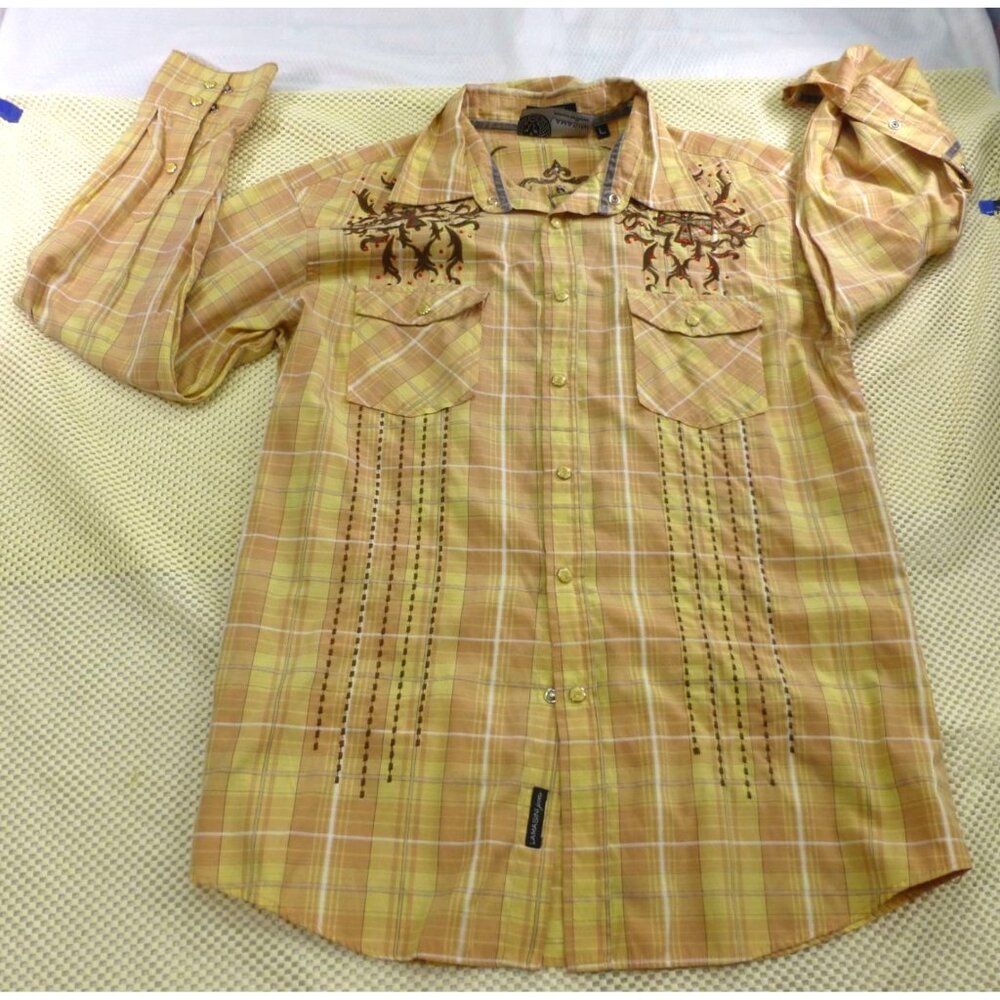Lamasini Mens Western Plaid Long Sleeve Shirt Yellow Embroidered Cross Design Si